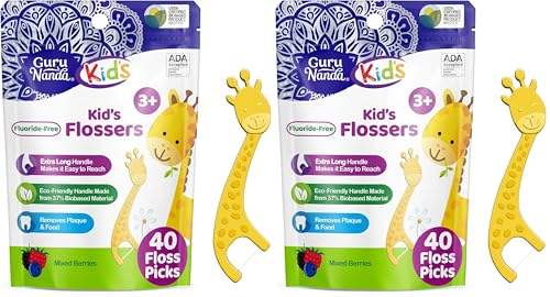 Image of GuruNanda Dental Floss Picks for Kids, Extra-Long Giraffe-Shaped Picks, Fluoride-Free, Anti-Slip & Shred-Resistant Design & Eco-Friendly Handle & Berry Flavor, Ideal for Ages 3+, 40 Count (Pack of 2)