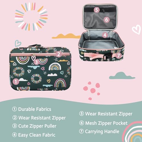 Image of Girls Insulated Kids Lunch Bags Mini Cooler Back to School Food Storage Tote - Picnic Cookouts Travel Reusable Small Lunch Boxes with Cute Pattern Green Rainbow