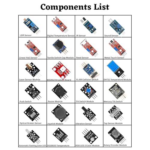 Image of 24-in-1 Sensor Module Kit Compatible with UNO, RPi, ESP32 - Includes Temperature, Light, Sound, Touch, IR, Tilt, RGB LED, Joystick, Buzzer, and More