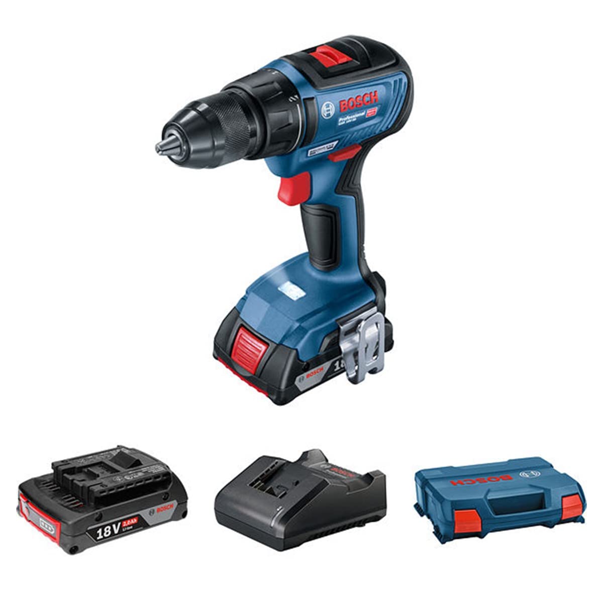 Bosch Professional system 18V: akumulatorowa wiertarko-wkrętarka GSR 18V-50 (2 akumulatory GBA 18V 2.0Ah, ładowarka GAL 18V-20, walizka L-Case)