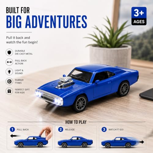 Image of 1970 Dodge Charger Fast & Furious - 1:36 Scale Die-Cast Alloy Toy Car for Kids | Pull-Back Model with Openable Doors, LED Lights & Engine Sounds (Blue)