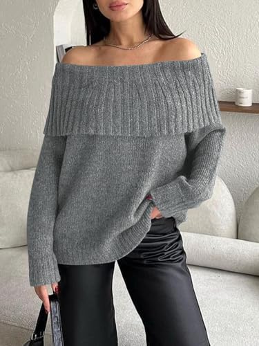 Image of Saodimallsu Womens Off The Shoulder Sweaters Oversized Long Sleeve Loose Ribbed Knit Fall Trendy Pullover Tops