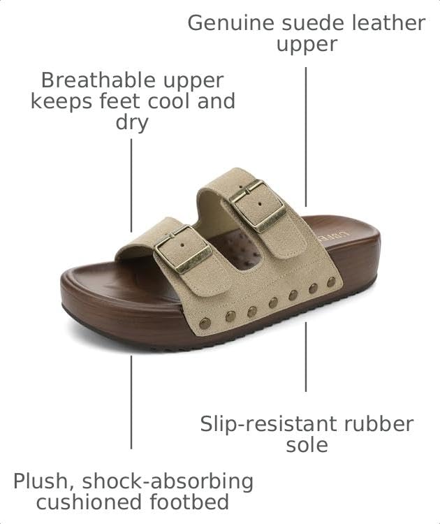 Image of UBFEN Womens Platform Sandals Comfortable Walking Slides with Double Buckle Adjustable Straps Casual Arch Support Slip On Sandals for Beach