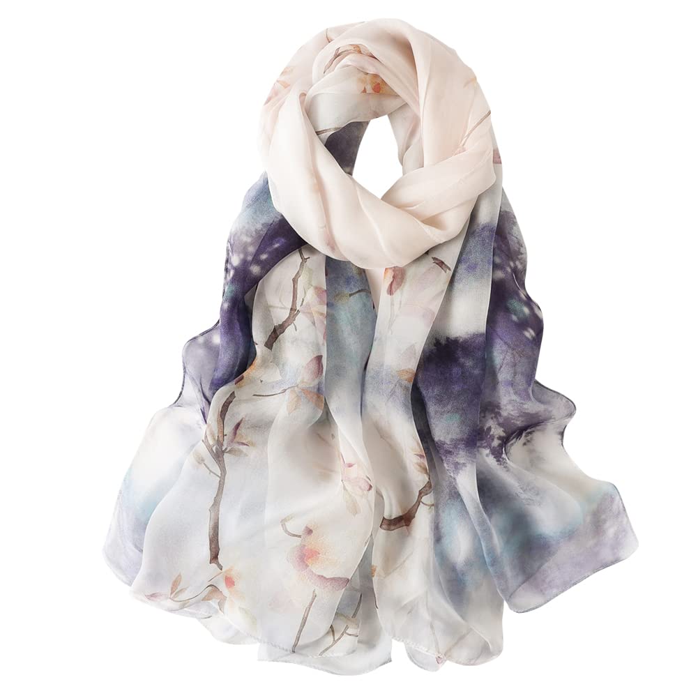 STORY OF SHANGHAI Sciarpa di 100% Seta da Donna Foulard Chiffon con Fantasie Orientale Semi-Trasparente