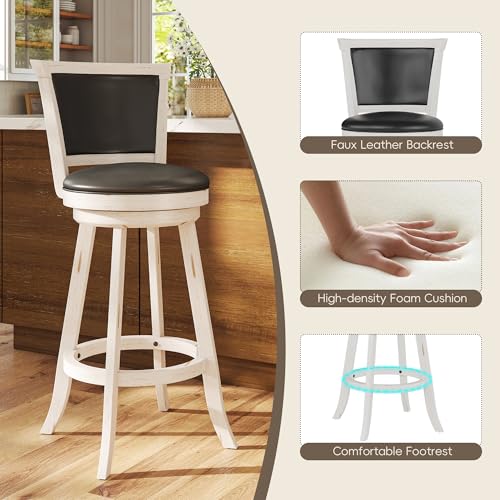 Betterhood 29" Bar Height Swivel Stools, High Back Swivel Bar Stools with Faux Leather Upholstered Seat & Solid Wood Footrest, Counter Bar Chairs for Kitchen Island & Pub (Antique White, Set of 2)