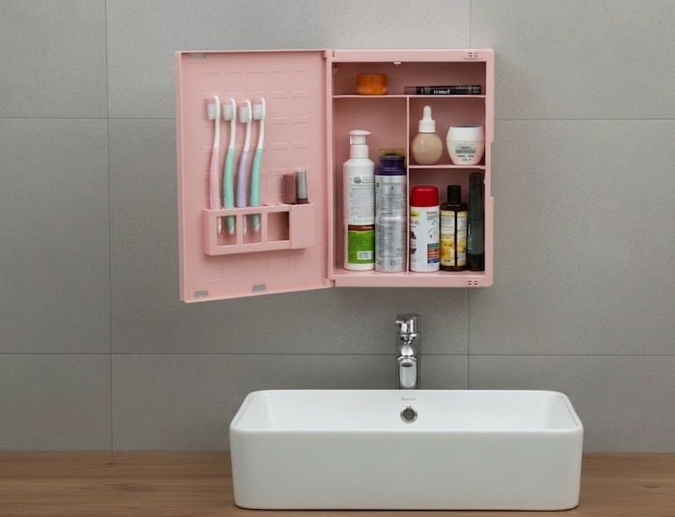 zahab Milstone Pink Bathroom Cabinet with Mirror (10 x 14 Inch) | Wall Mount Plastic Storage Cabinet | Toothbrush Holder & Multi Compartments | Shatter Proof Mirror Bathroom Organizer