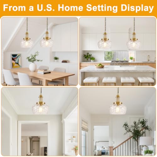 Image of Plug in Pendant Lights Kitchen Island, Modern Brushed Gold Pendant Light Fixtures with 10 inch Clear Hammered Glass Shade, Industrial Hanging Pendant Lights Fixture for Kitchen Island Dining Room Entryway