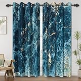 Renaiss Teal Marble Blackout Curtains for Bedroom Abstract Blue Gold Ocean Granite Window Curtain Modern Luxury Art Window Drapes for Living Room Decor Curtains 2 Panels Set, 42x63 Inch