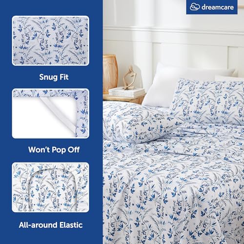 Image of DREAMCARE Full Size Sheets - Cooling Sheets - 4pcs Set - up to 15 inch Deep Pocket Full Sheet Set - Sheets Full Size Bed - Soft & Long Lasting 100% Fine Brushed Polyester with Side Pocket Floral Blue