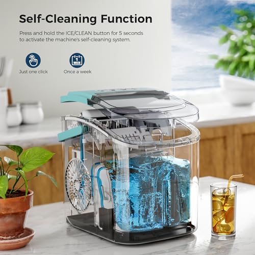 AGLUCKY Ice Makers Countertop with Handle,26.5Lbs/24H,9 Cubes in 6 Mins,2 Sizes of Bullet Ice,Portable Ice Maker Machine with Self-Cleaning,Perfect for Home Kitchen(Green)