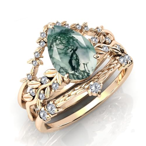 Natural Moss Agate Engagement Ring Set 925 Sterling Silver Rings for Her with Free Engraving Jewelry Gift for Women Moss Agate Vintage Ring Set-1 5