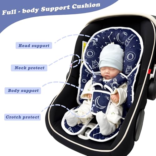 Image of Infant Car Seat Insert, 2 in 1 Carseat Head Neck Pillow for Newborn, Baby Carriage Pad with Strap Covers, Universal Seat Pad for Carseats, Stroller, Swings, Bouncer, Planet (Navy Blue)