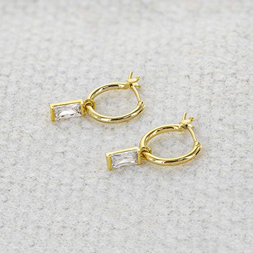 Columbus 14K Gold Dipped Huggie Hoop Earrings - Cz Baguette Charms (Gold Baguette Charm) #TOP5