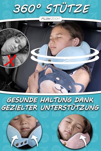 FLOWZOOM Nackenkissen für Kinder ab 6 Jahre - einstellbares Memory Foam Kinder-Nackenhörnchen mit weichem, atmungsaktivem & waschbarem Bezug - inkl. Tranportbeutel - Blau, Größe M (ab 6 J.)