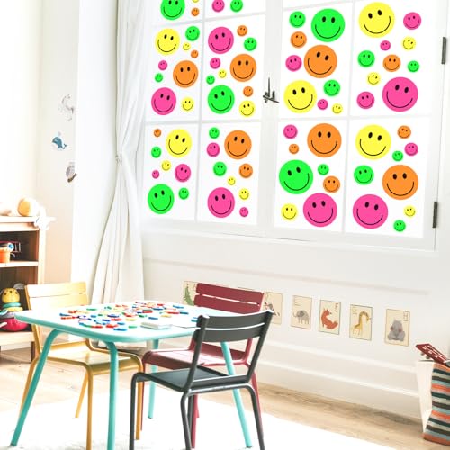 Image of Whaline 9 Sheet Smile Face Window Clings Neon Colored Happy Face Reusable Window Decals for Home Classroom Office Nursery Windows Decor