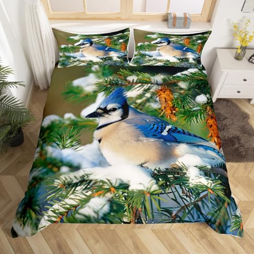 Erosebridal Blue Jay Bedding Set North American Animal Comforter Cover for Child Girls Youth,Spruce Tree Duvet Cover Winter Scenery Home Bedroom Decor Full Size 3Pcs with 2 Pillow Cases
