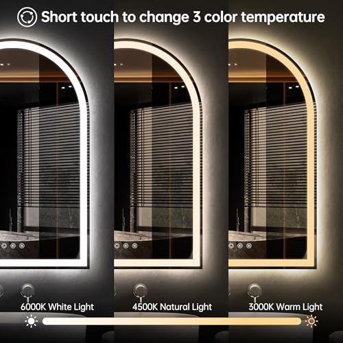 Image of Arched LED Mirror for Bathroom 24 inchx36 inch- Frameless Lighted Bathroom Mirror with Lights, Fogless, Dimmable, 3 Color Changing, Shatterproof, Touch Sensor