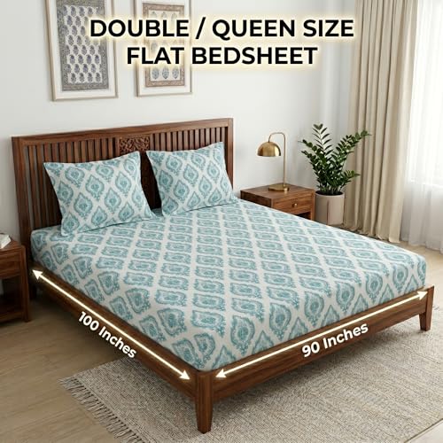 Image of Mafatlal 186 TC Grace Double Bed Pure Cotton Bedsheet | 90x100 Inch | Soft, Breathable & Lightweight | Durable & Fade Resistant | Includes 2 Pillow Covers | Dusky Aqua