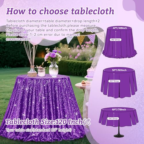 Image of B-COOL Sequin Tablecloth Round Party Decorations: Purple Table Cloth Overlay 120 Inch Sparkle Fabric for Birthday Ceremony Parties Halloween