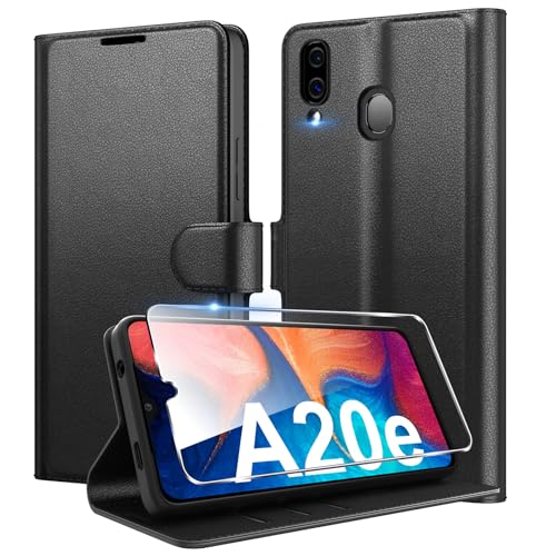Eirltiy Cover per Samsung Galaxy A20e Portafoglio Pelle PU Premium, Custodia Scomparti Carte Antiurto Protettiva Case con 1 Vetro Temperato, Nero