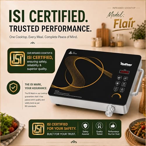 Image of Flair 2200W Infrared Cooktop, ISI Certified with Steel Grill Rack, Crystal Glass Top, Touch Panel & Digital Display, 4 Preset Modes - Stir Fry, BBQ, Hot Pot & Steam, Black