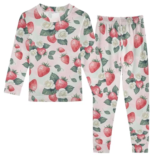 Pajama Sets Long Sleeve Strawberry Rose Floral Pattern Soft Comfy Sleepwear 2 Piece PJS 3-8T