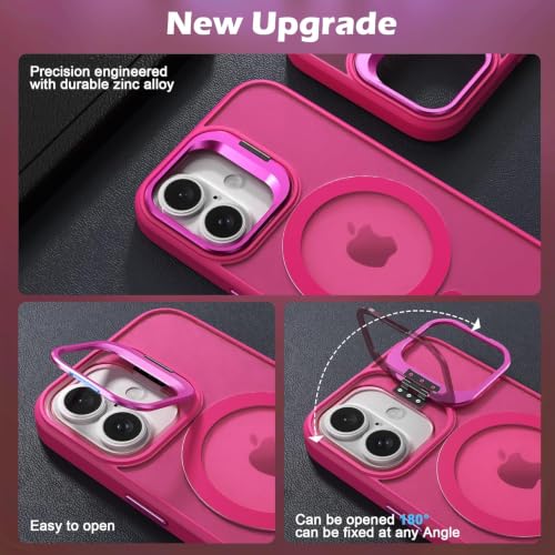 Image of Elzzi Translucent Matte Kickstand Case for iPhone 17, Built-in Adjustable Camera Stand, Translucent Matte Magnetic Mag-Safe Shockproof Phone Cover (Hot Pink)