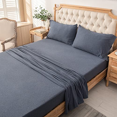 PURE ERA Jersey Knit 4pc Bed Sheet Set 100% T-Shirt Heather Cotton Super Soft Comfy Breathable Fits Mattress Up to 15" Extra Deep Pocket (Heather Navy Blue, Twin)