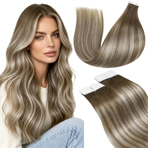 Image of LaaVoo Tape in Extensions Human Hair Balayage Tape in Hair Extensions Human Hair Ash Brown to Blonde Mix with Platinum Blonde Tape ins Hair Extensions Seamless 14 Inch 50g 20Pcs
