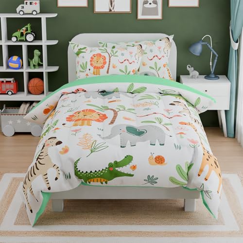 Image of Jungle Animal Kids Bedding Set for Boys Girls, Ultra Soft Microfiber Comforter Set Full Size 4-Pieces, Comforters Bed Sets for Kid Tween Teen Bedroom Decor
