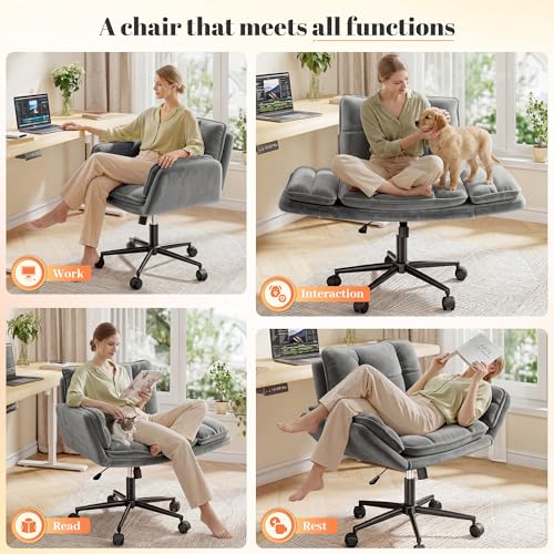 Image of DurayLoly Criss Cross Chair, Flip-Up Arms & Adjustable Height | Velvet, Thick Foam Seat,360 Swivel, Rolling Wheels, for Home Office, Bedroom, Makeup Room, Grey