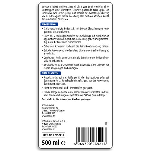 SONAX XTREME ReifenGlanzGel (500 ml) pflegt & schützt Gummi & Reifen vor Rissbildung & Farbausbleichung, lang anhaltender Reifenglanz | Art-Nr. 02352410