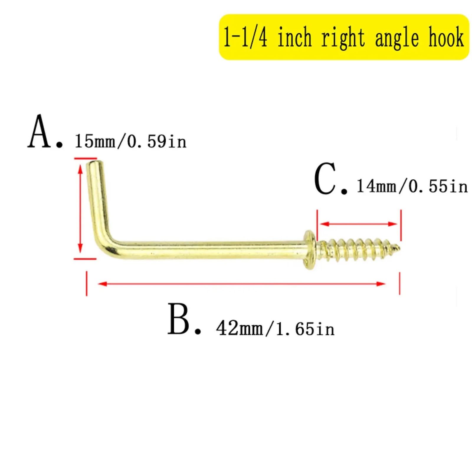Ganchos En L De Tornillo 50/30/10pcs0mm 38mm 42mm 53mm ganchos de tornillo en forma L 2 autorroscantes ángulo recto dorado for colgar(Length 42mm,50Pcs)