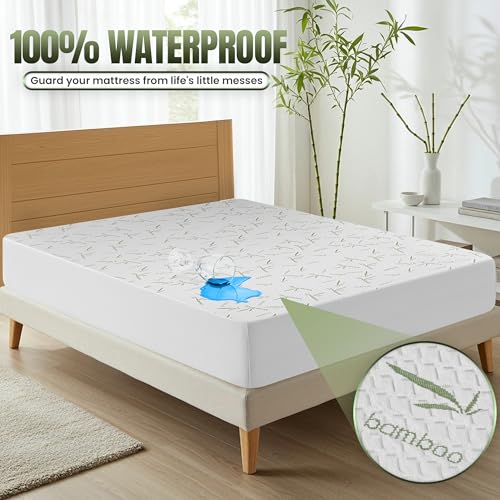 Image of Utopia Bedding Waterproof Mattress Protector Queen Size Bed, Premium 200 GSM Bamboo Viscose Cooling Mattress Cover, Soft and Breathable, Fitted Style with 17 Inches Deep Stretchable Pockets