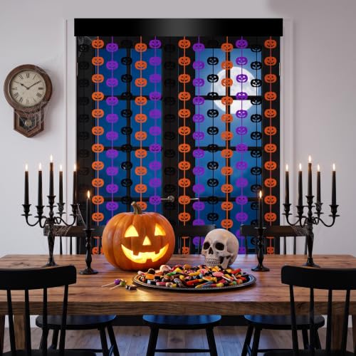Image of TONIFUL 2Pc Black Orange Purple Pumpkin Cutout Metallic Foil Fringe Curtain | 3.3ftx6.6ft Photo Booth Backdrop Door Tinsel Streamers Curtains, Props for Halloween Fall Birthday Harvest Party Decorations