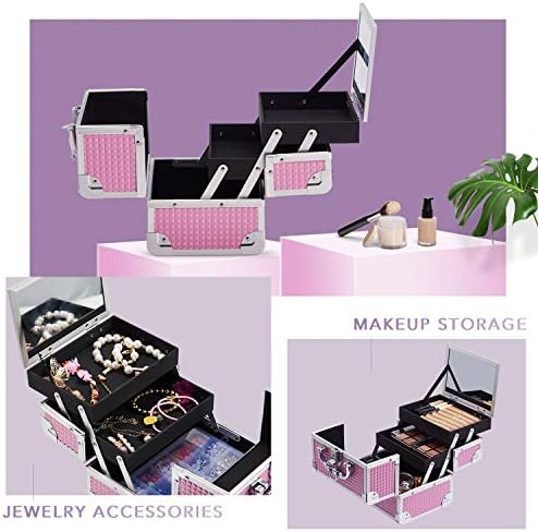 Joligrace Girls Makeup Box with Mirror Vanity Case Jewelry Organiser Nail Box Cosmetic Case Light Weight, 2 Trays Lockable with Keys (Pink)
