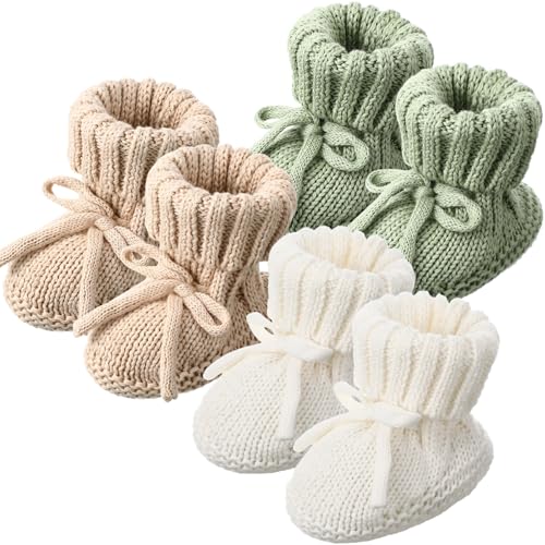 Image of Evervibe 3 Pairs Knitted Baby Booties 0-6 Months Newborn Baby Shoes First Walkers Cozy Shoes for Infant Girl Boy