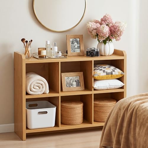 Image of 6 Cube Low Storage Organizer, 45 inch Long Horizontal Bookshelf, Natural