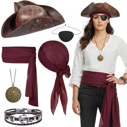 Xietaea 6 Stück Piratenkostüm Zubehör Herren Damen - Pirate Accessories mit Hut Kopftuch Augenklappe Halskette Armband Hüfte Tuch für Karneval Cosplay Party Halloween Verkleidung