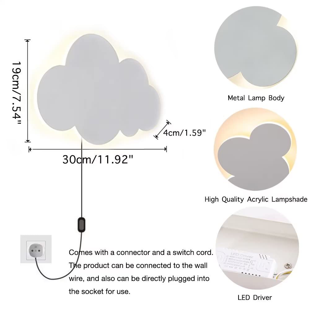 GUANSHAN Cloud LED Wall Lamp – Children's Bedroom Night Light, 18W, 3 Color Temperatures (Warm/Neutral/Cool), Iron & Acrylic, 11.9 X 7.5 X 1.4 Inches