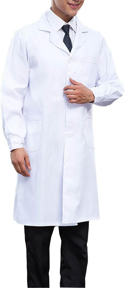 White Lab Coat for Men - Doctor Uniform, Food and Medical Lab Dress, V-Neck