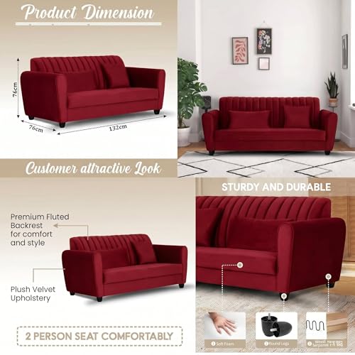 Image of Velvet 2 Seater Sofa, Chesterfield Tufted Sofa with Nailhead Trim, Rolled Arm Sofa with Wood Legs for Living Room & Office | RED