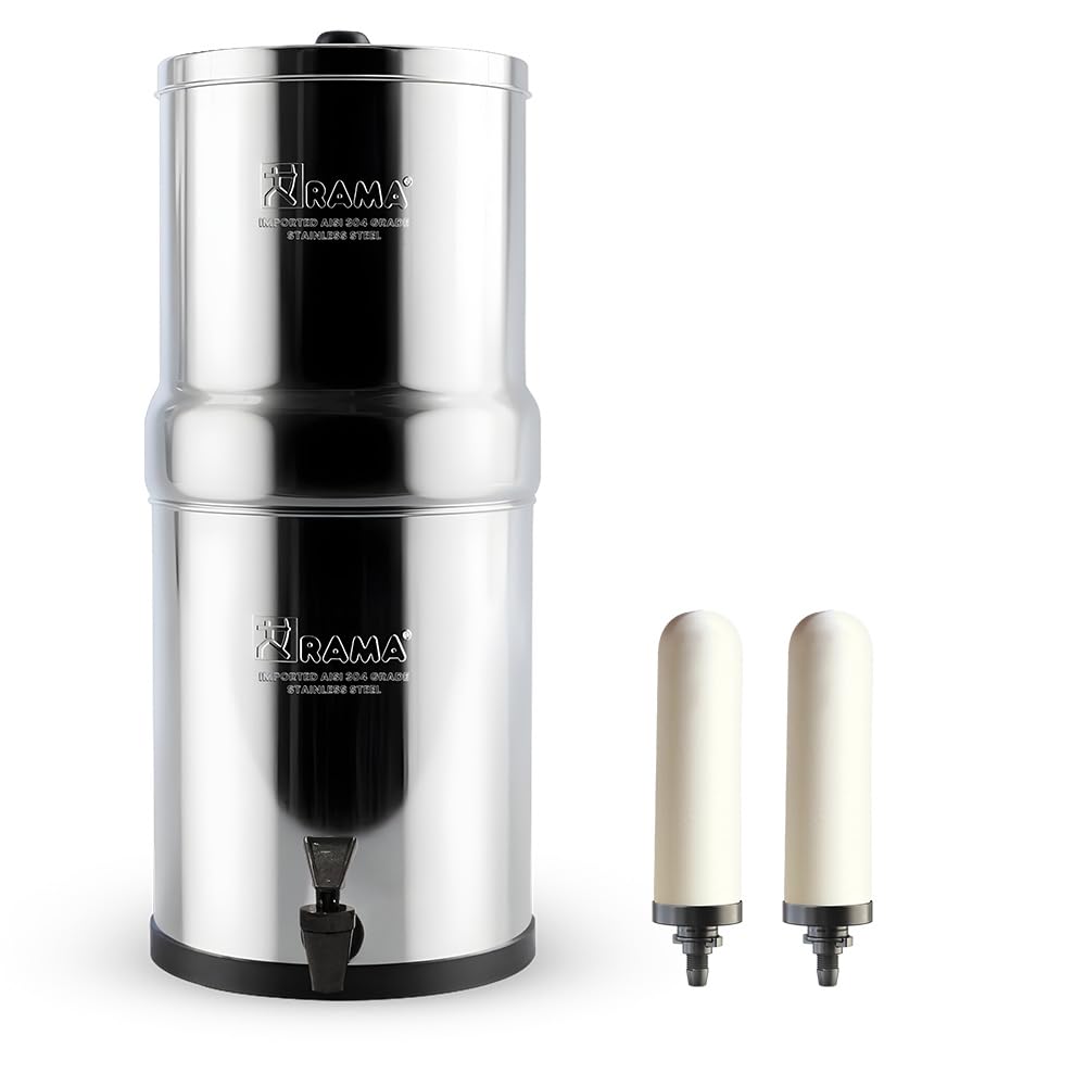 RAMA Gravity Water Filter | 32L Total Capacity (16L Storage) | 304 Grade Stainless Steel Non Electric Water Purifier Filter for Home | Includes 2 Spirit 7" Ceramic Candles & 10-Year Warranty