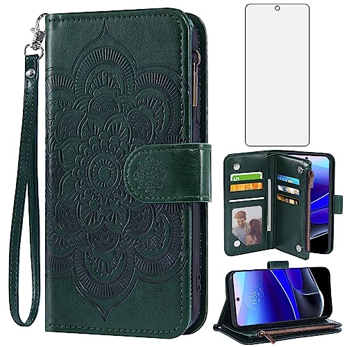 Asuwish Funda de teléfono para Motorola Moto G Stylus 5G 2022 con protector de pantalla de vidrio templado y tarjetero de crédito XT2215-1 XT2215-4 XT2215DL para mujeres y hombres, verde oscuro