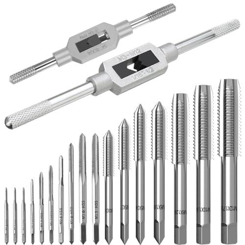 19 Piezas Juego de Machos y Terrajas, M1-M3,5, M4, M5, M6, M8, M10, M12 Macho de Roscar Métrico Set, Juego de Machos de Roscar Manual con Grifo Llave Ajustable, para Cortar, Roscar, y Moldear Tuercas