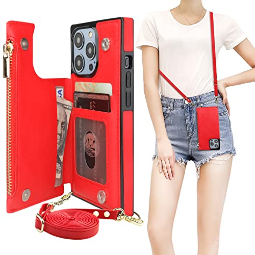 Bocasal Crossbody Wallet Case with Strap for iPhone 14 Pro, Red