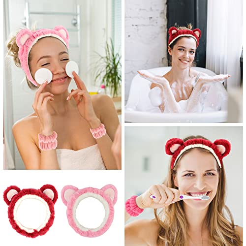 Amcami 6 Pcs Spa Headband Face Wash Headband And Wristband Set, Girls' Cute Bear Ears Headband Plush Animal Makeup Skincare Headbands With Face Washing Wristband For Women #TOP6