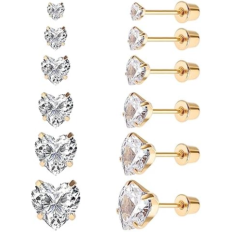 6 Pairs Surgical Stainless Steel Screw back Stud Earrings, 18K Gold Plated Heart Square Princess Cut Round Cubic Zirconia CZ Stud Earrings Set (Gold heart screw back) Cover