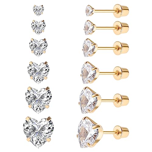 6 Pairs Surgical Stainless Steel Screw back Stud Earrings, 18K Gold Plated Heart Star Square Princess Cut Round Cubic Zirconia CZ Stud Earrings Set