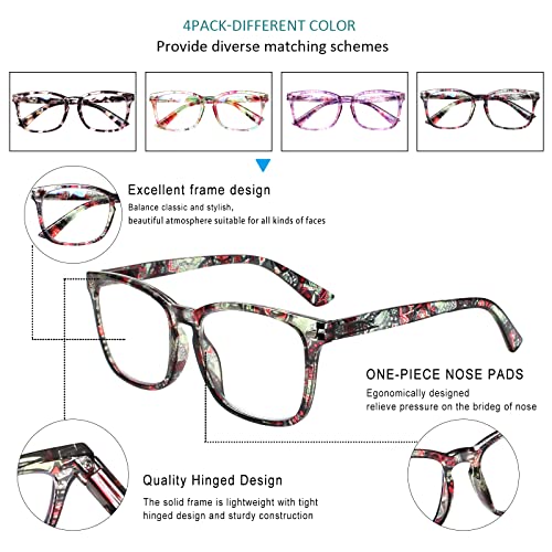 Image of Henotin 4-Pack Blue Light Blocking Reading Glasses Women Men,Spring Hinge Computer Readers,Anti UV Ray Square Nerd Eyeglasses (Ladies Readers with Pattern Print, 0.0, Diopters)